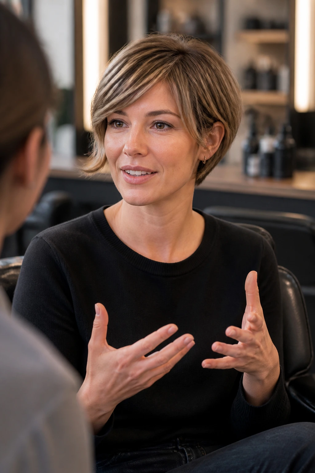 Portrait of a real person in a salon explaining haircut details with calm expression