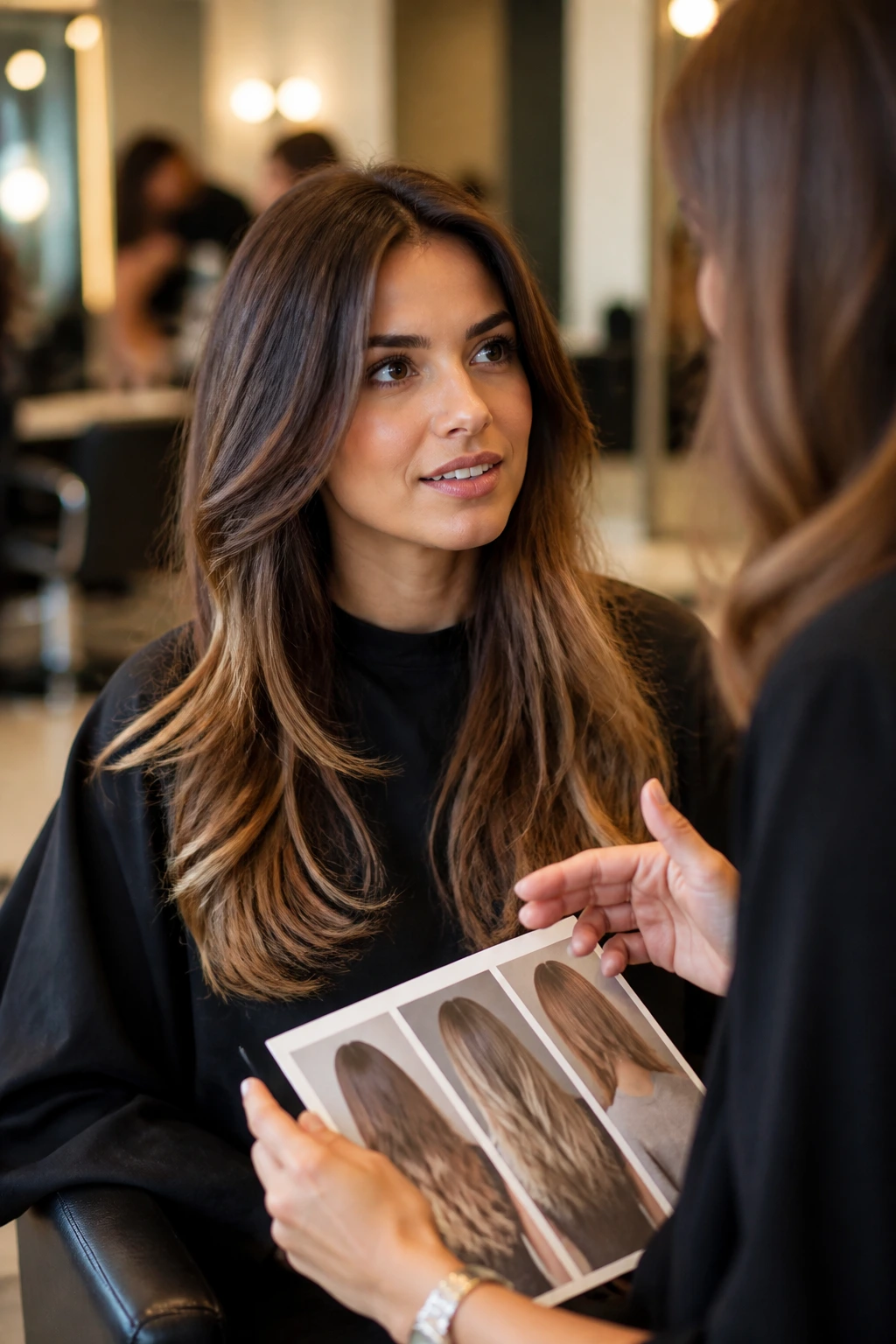 Woman in salon discussing haircut with stylist, showing long layered hair