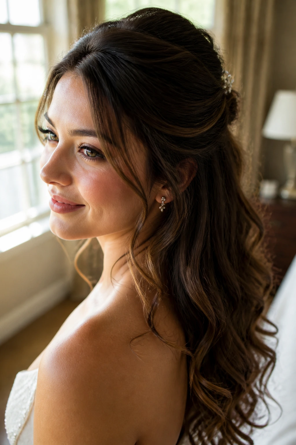 Close-up of a real woman with a formal half up half down hairstyle showing crown control and soft movement