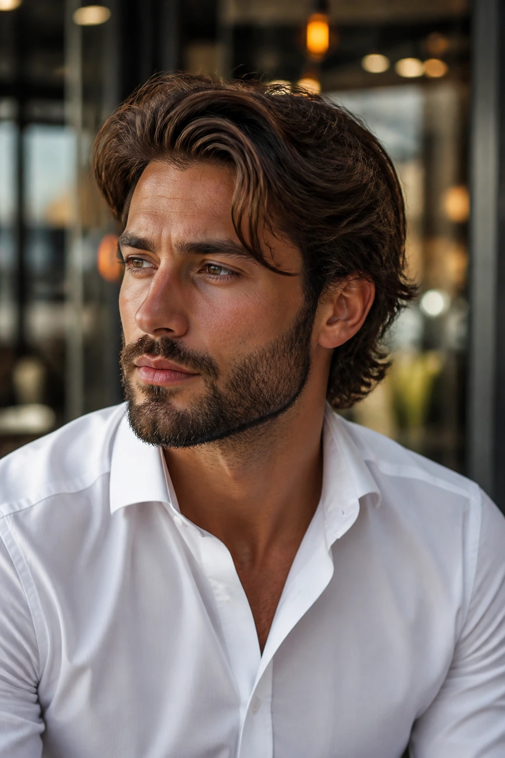 Man with medium-length hairstyle and trimmed beard wearing a shirt in a cafe setting.