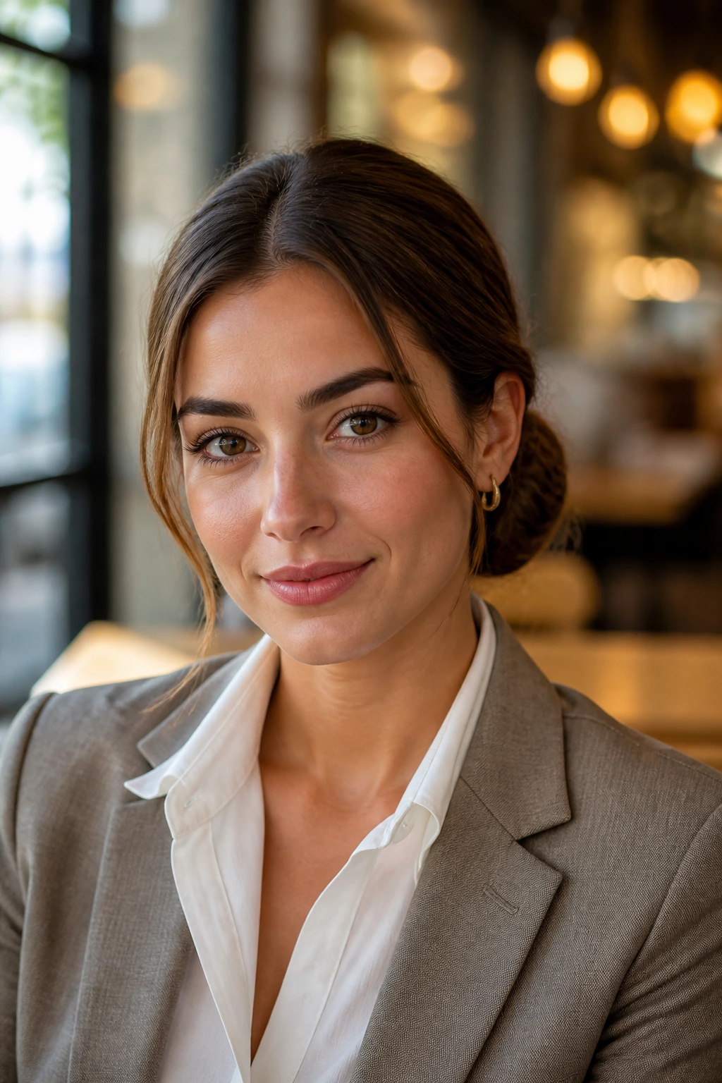 Portrait of a woman with a low bun and open-collar shirt in a warm setting