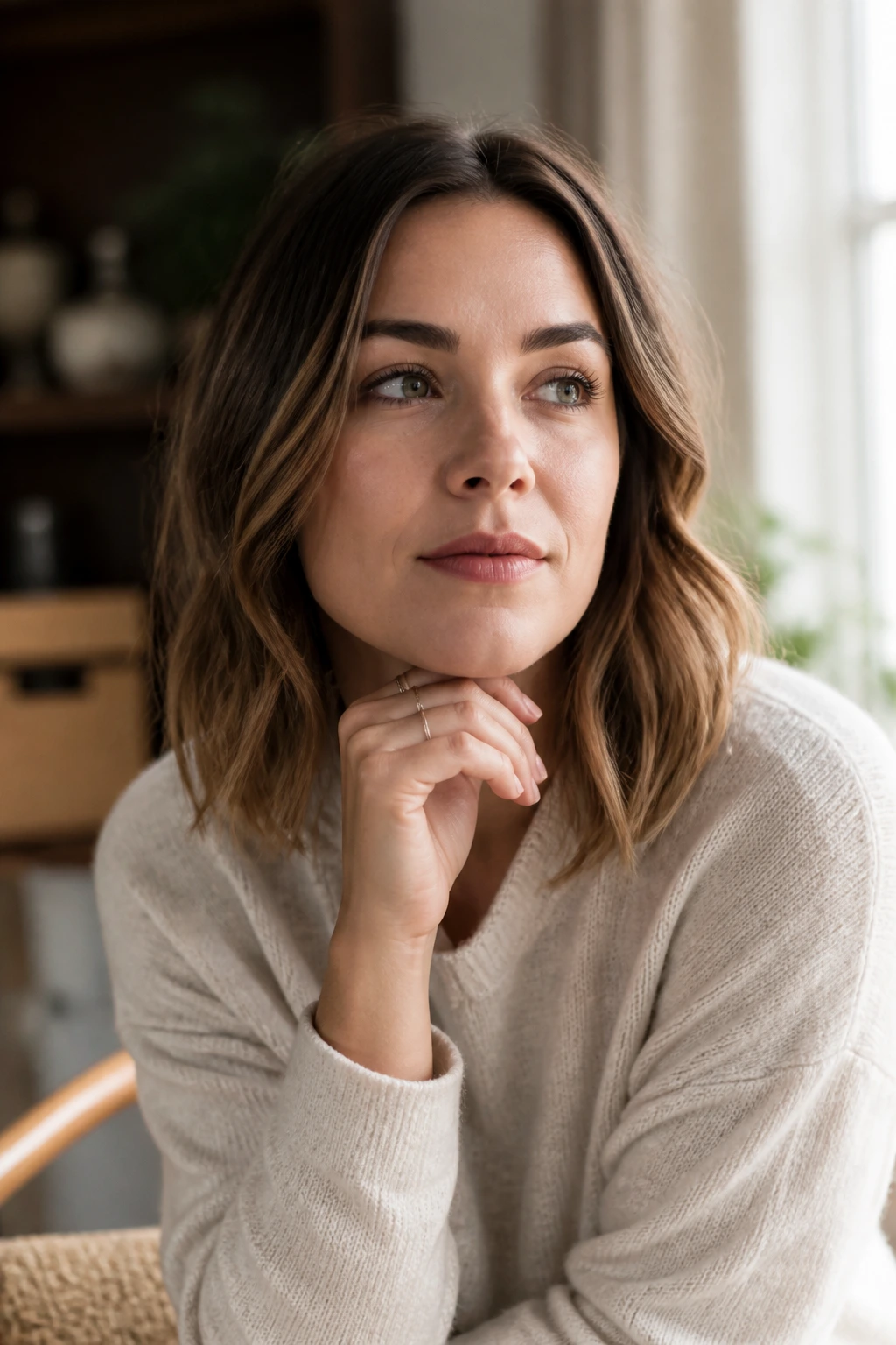 Portrait of a real woman with medium-length hair thinking about hairstyle choices in a cozy home.