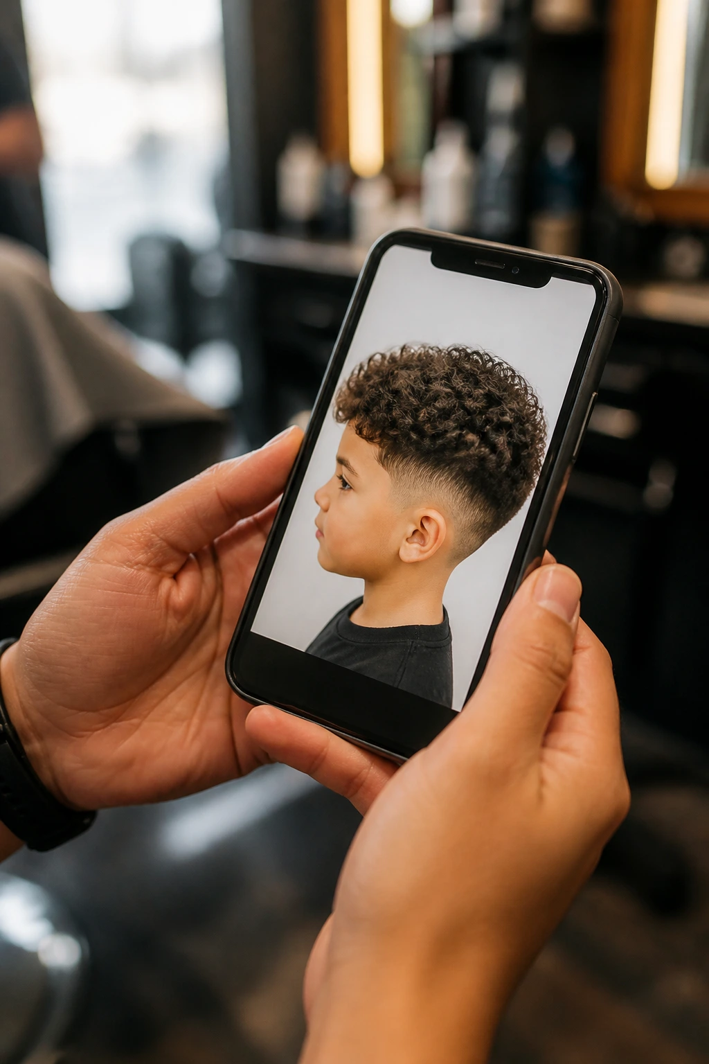 Close-up of hands with a phone showing a hairstyle photo in a salon.