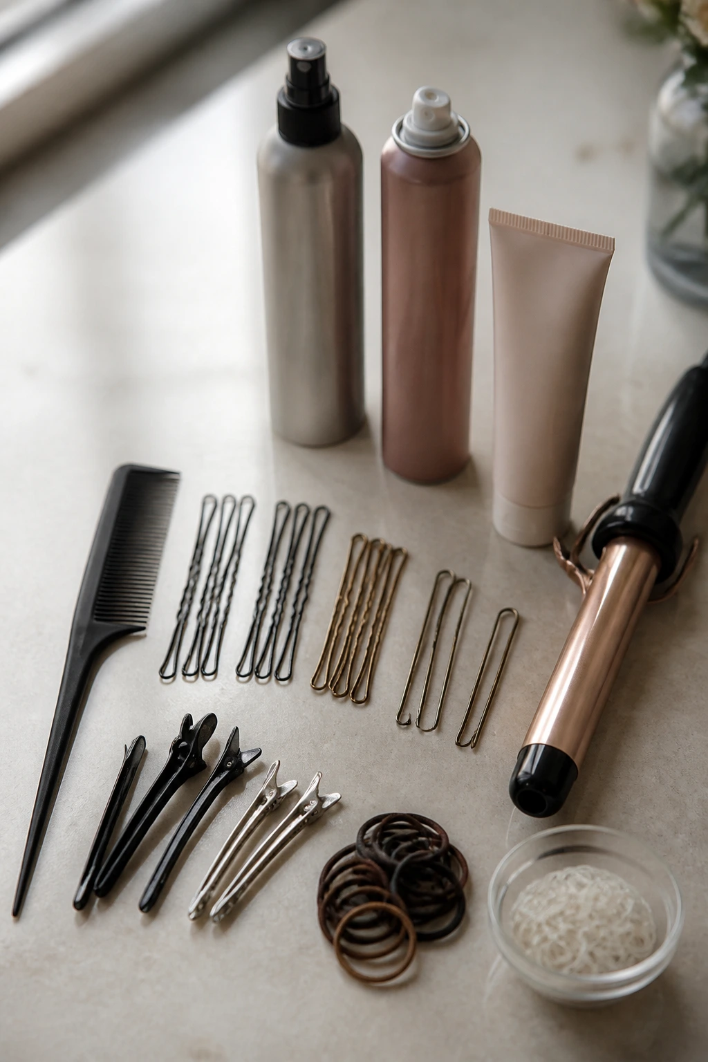 Still life of essential bridal-hair tools neatly arranged on a surface.