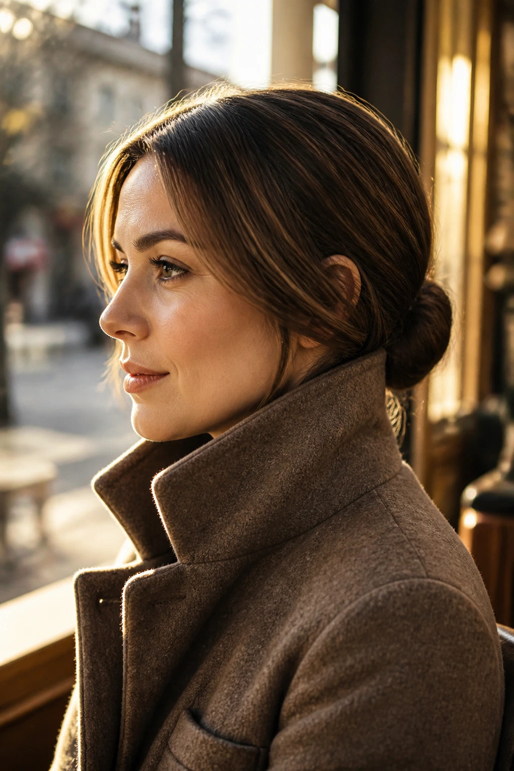 Portrait of woman with collar-friendly hairstyle under a coat