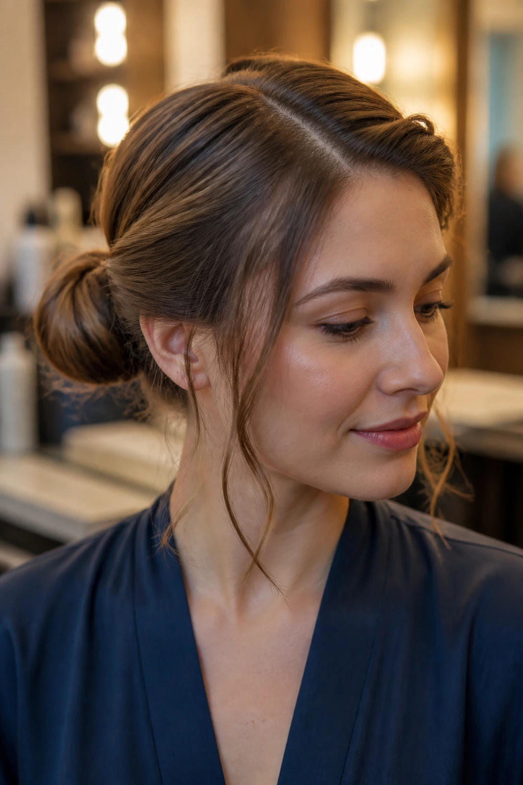 Close-up of a real woman displaying hairstyle variations on each side of her head in a salon setting