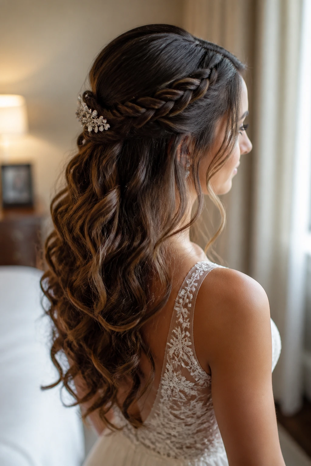 Bride with half-up hairstyle featuring curls and a braid accent