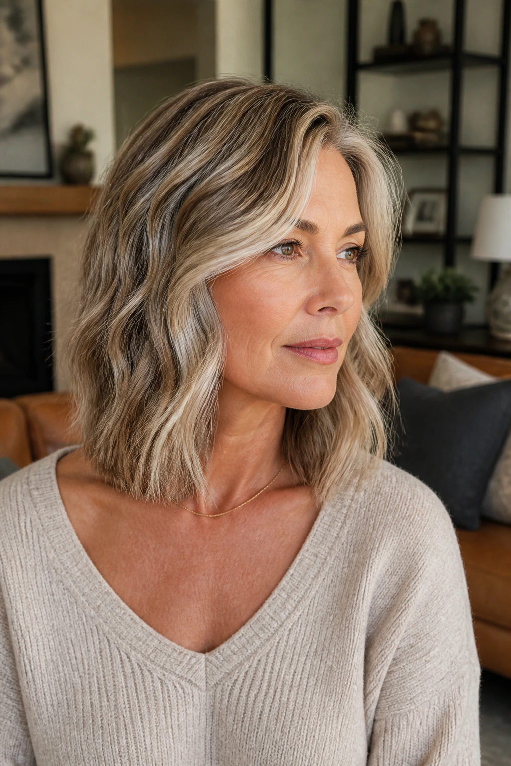 Portrait of a woman with a collarbone-length lob and soft layers.