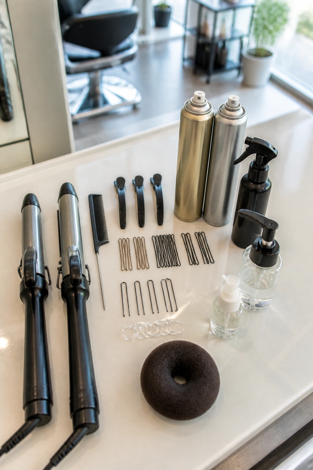 Flat lay of essential hairstyling equipment for quinceanera hairstyles