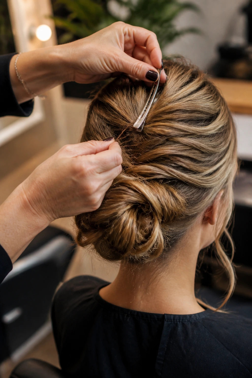 Hands handling hair tools (duckbill clip and bobby pins) in a salon setting.
