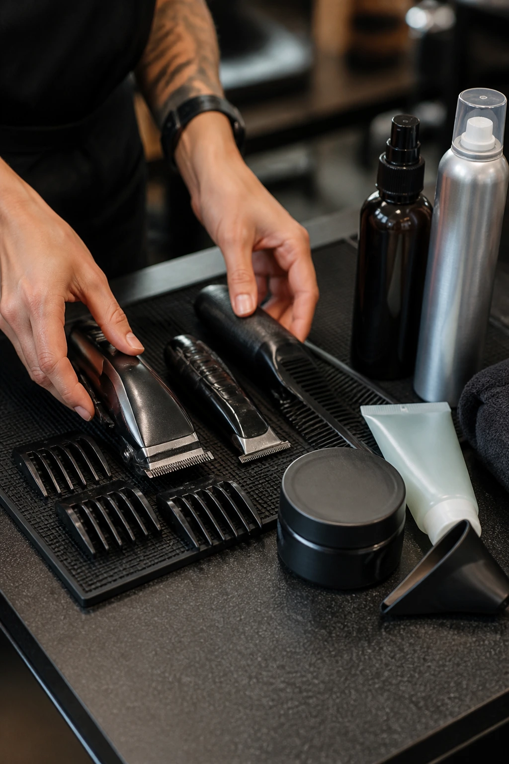 Close-up of hairstyling tools arranged on salon counter