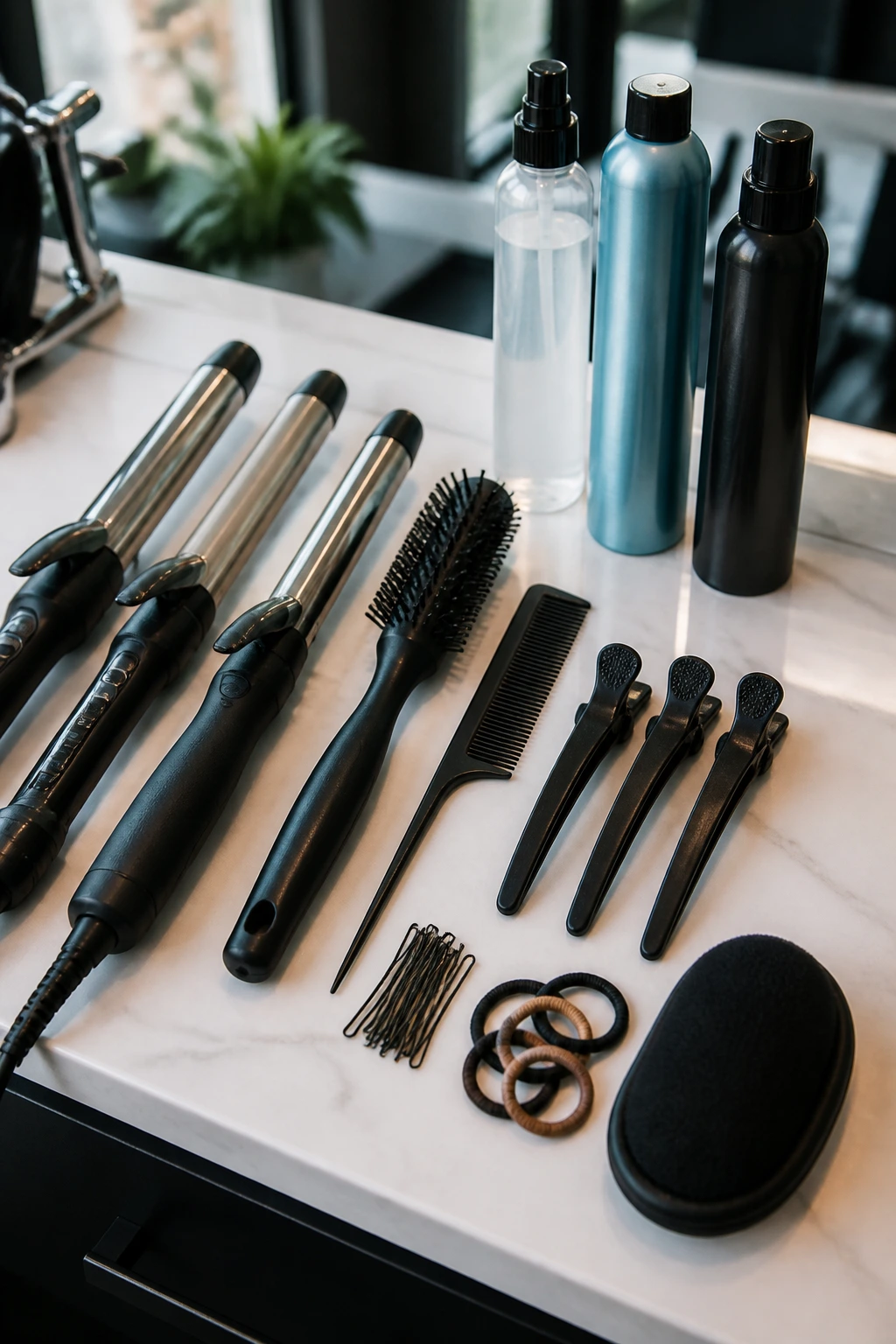 Top-down view of professional hairstyling tools on a clean counter.