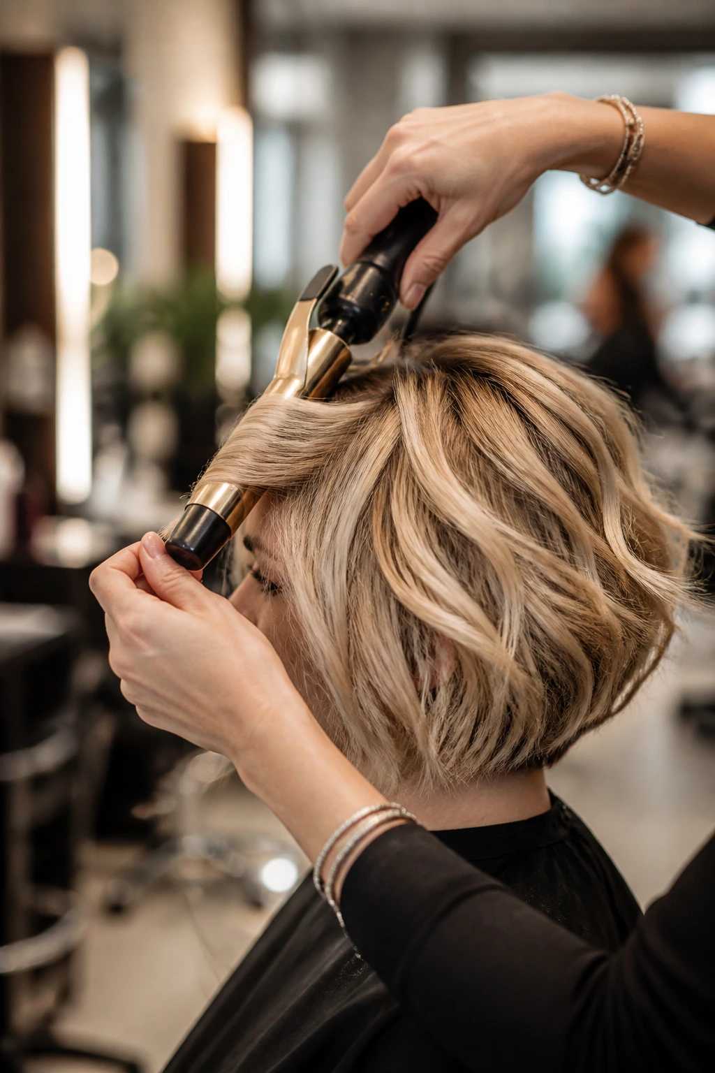 Hands using a curling wand on a real person's hair in a salon