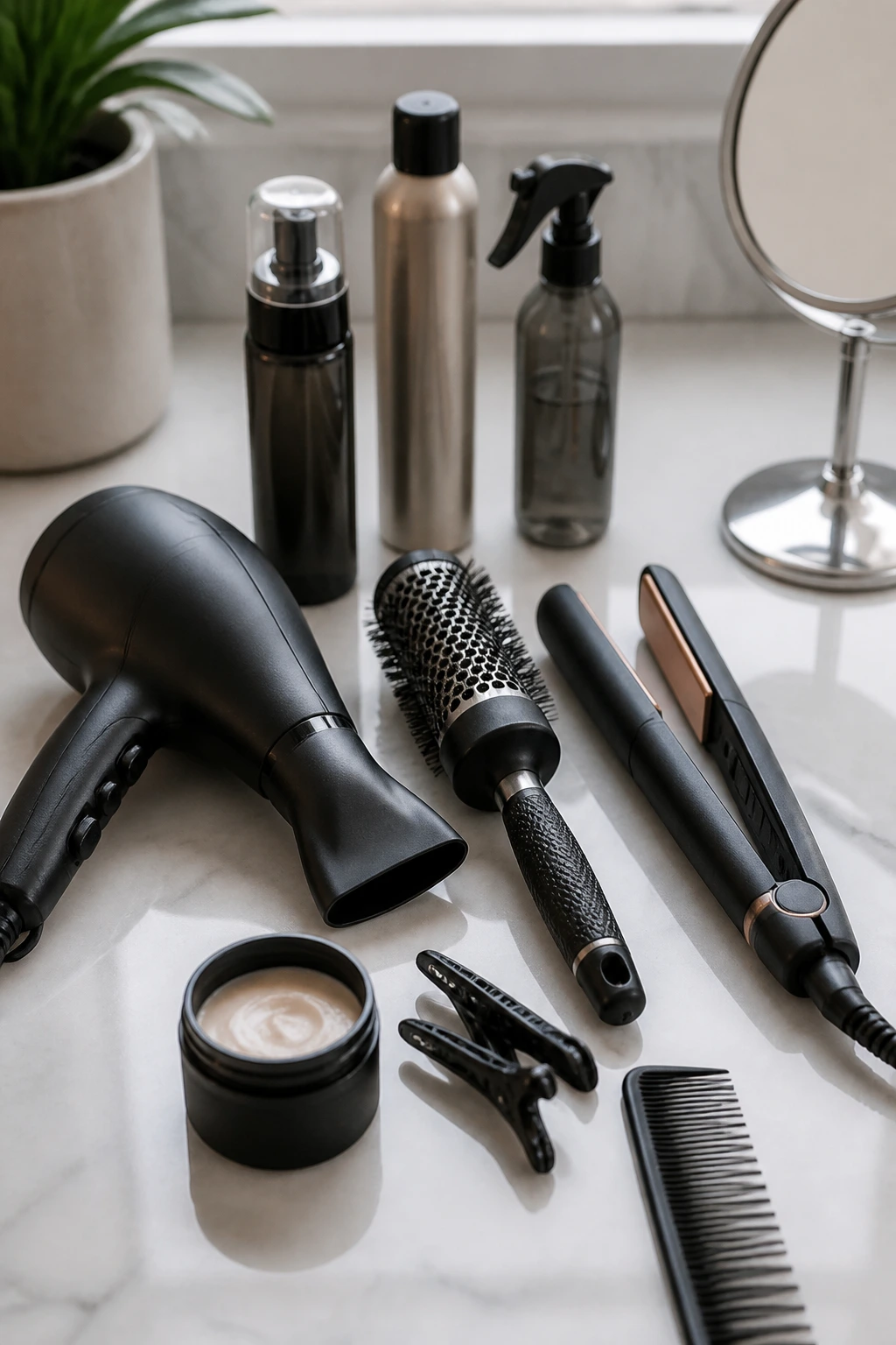 Close-up of hairstyling tools neatly arranged on a vanity in a real-world setting