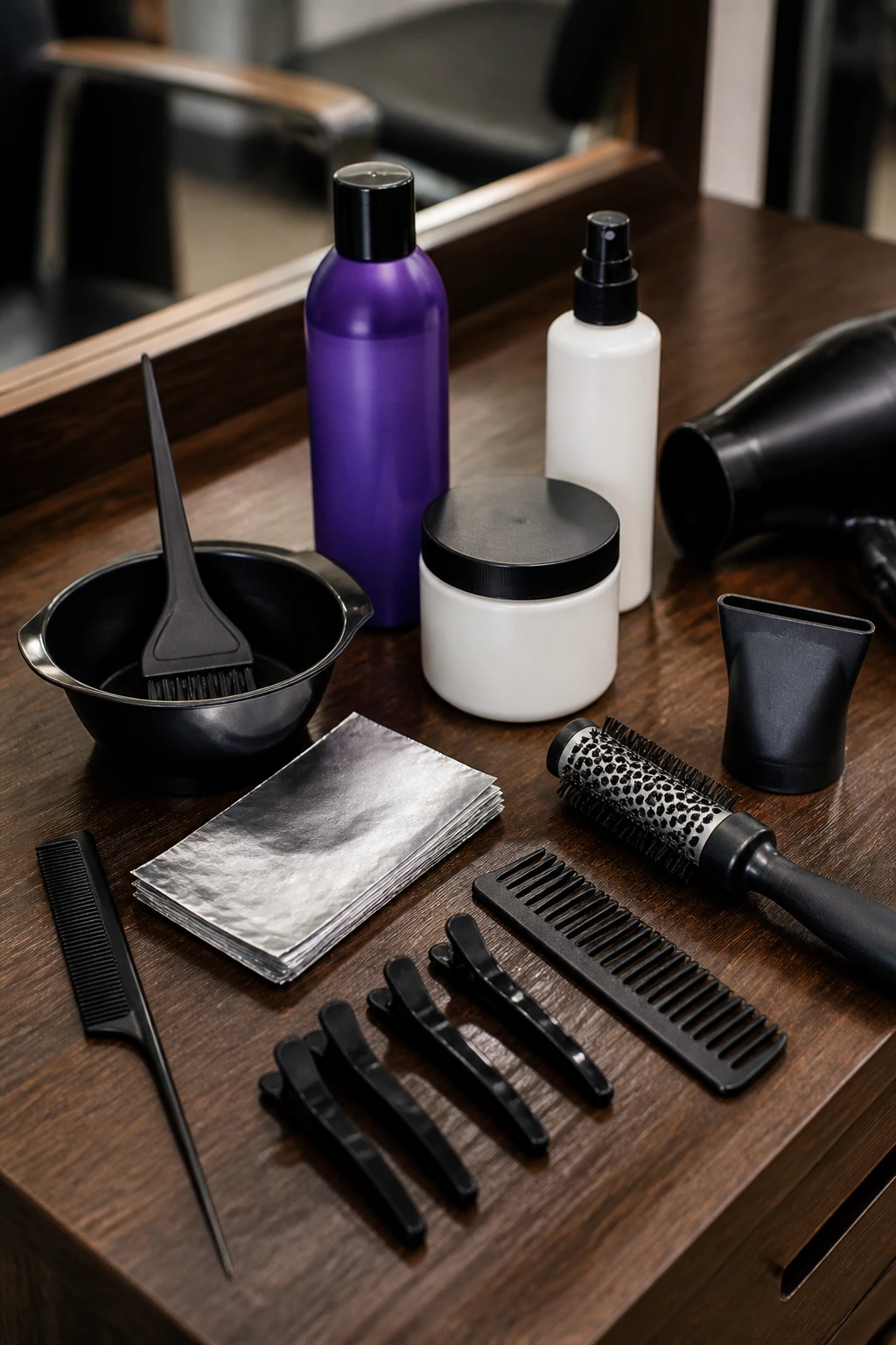 Still life of essential hairstyling tools organized on a wooden station