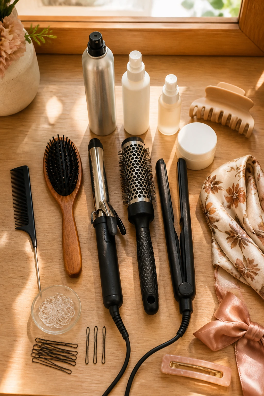 Top-down close-up of a lineup of hairstyling tools arranged on a vanity