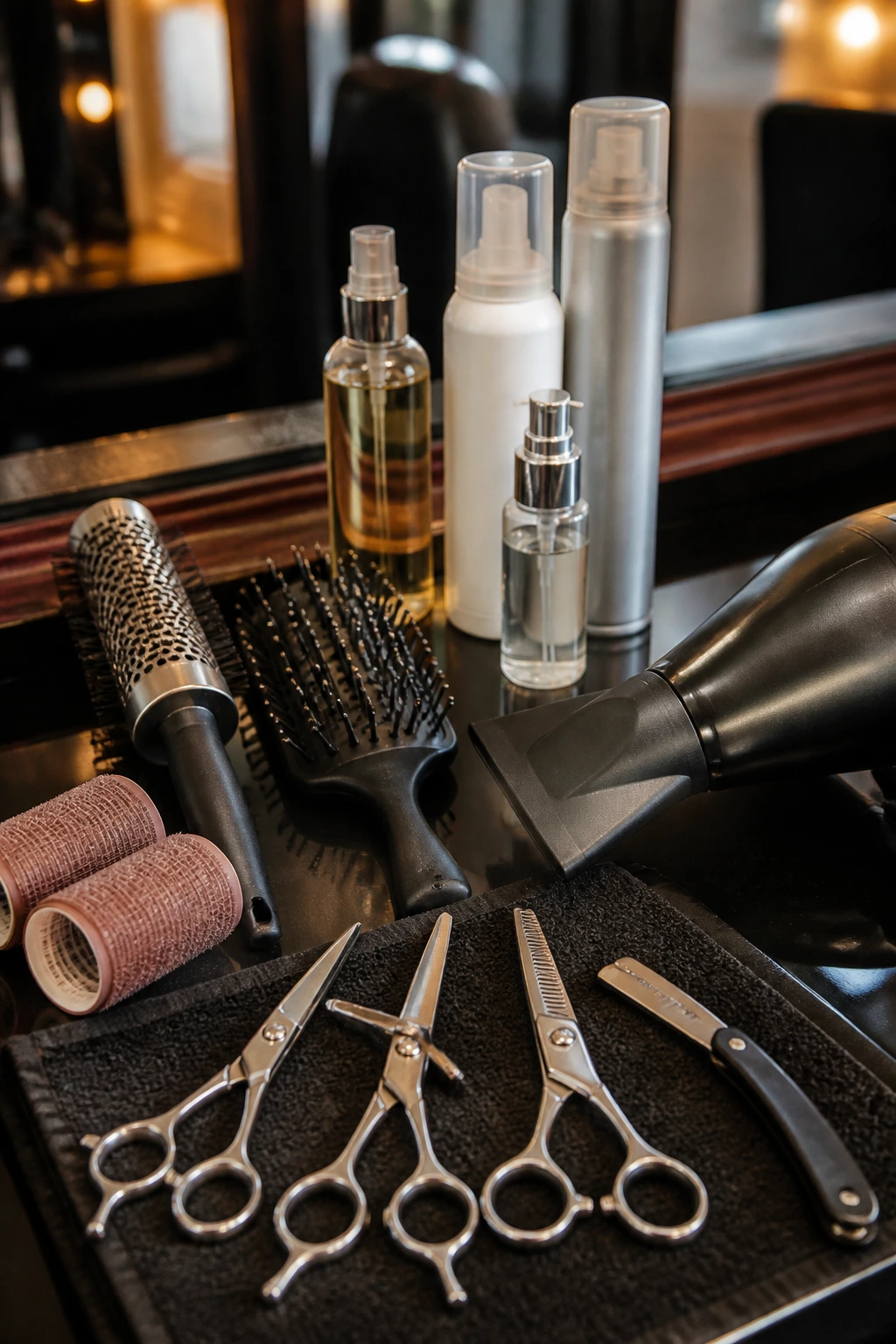 Close-up of professional hair styling tools on a salon station