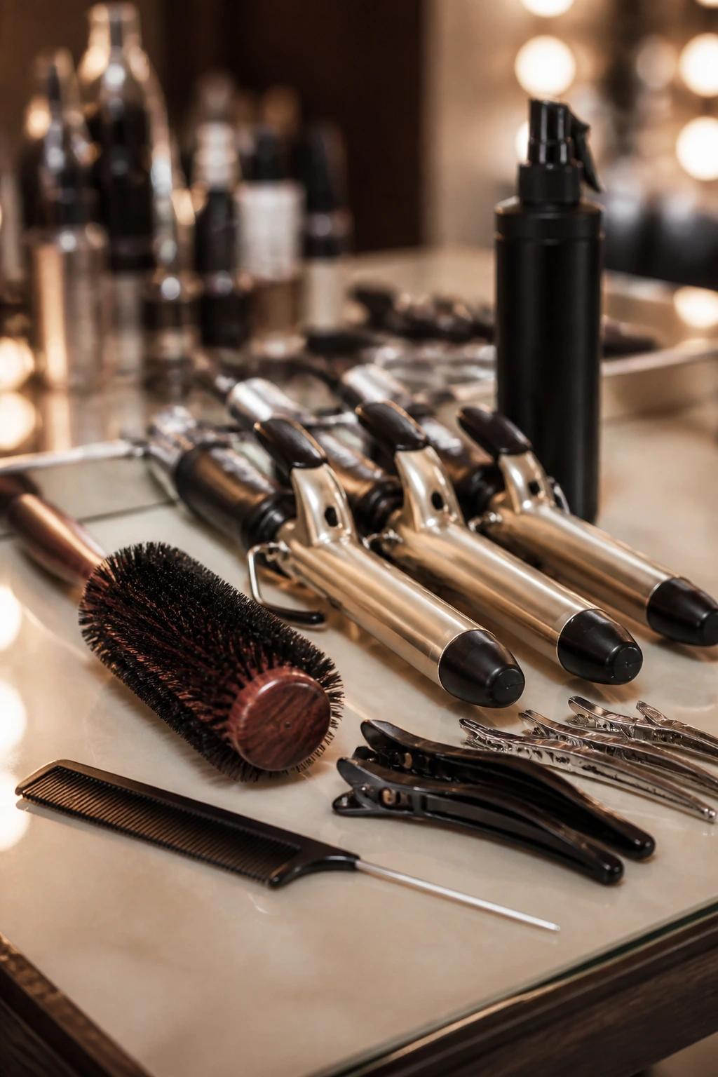 Close-up of essential hairstyling tools at a salon station