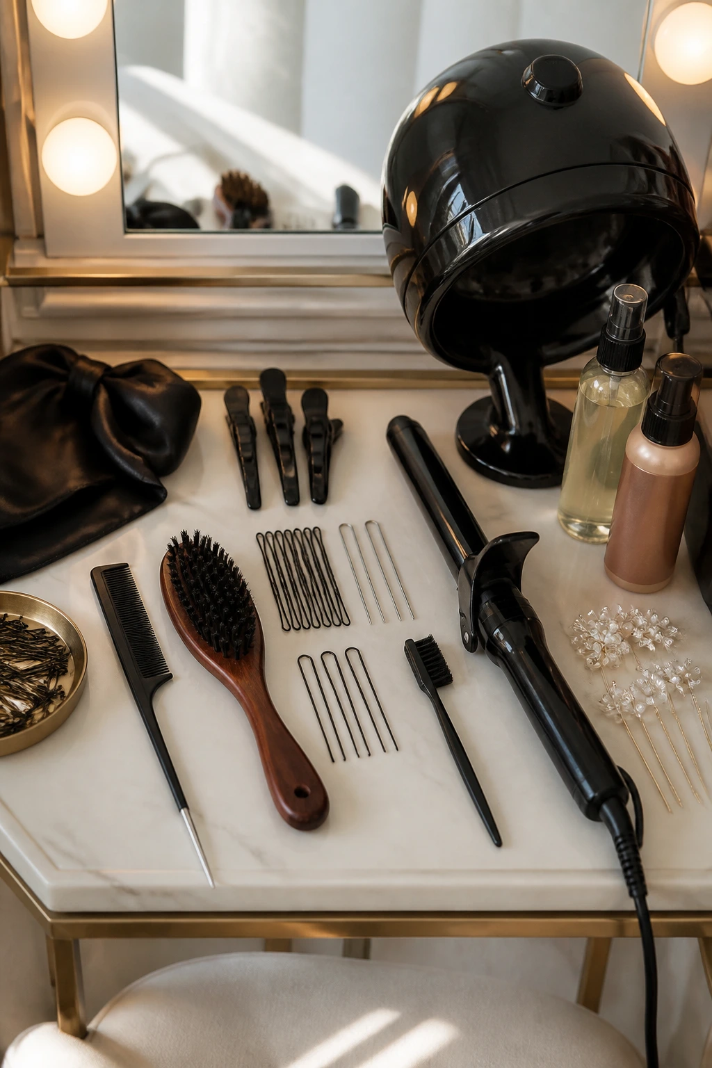 Top-down view of hairstyling tools laid out on a vanity in warm light