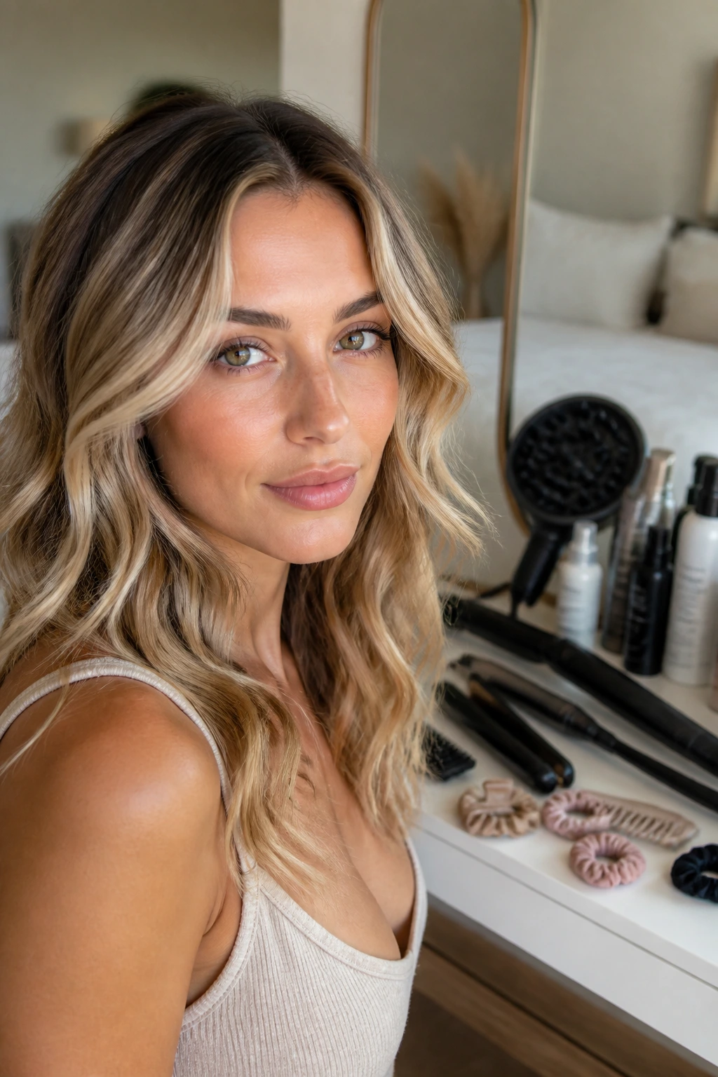 Close-up of a real woman with softly waved hair, tools blurred in background