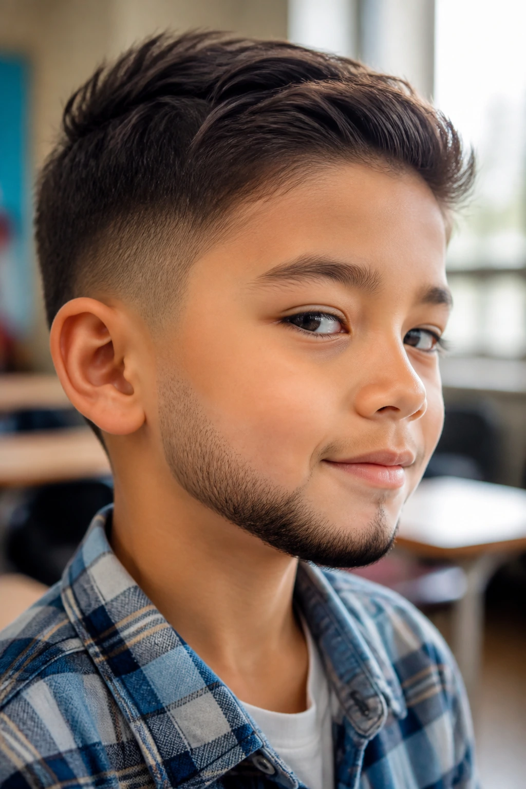 Close-up portrait of a child with a fading beard from chin to cheek