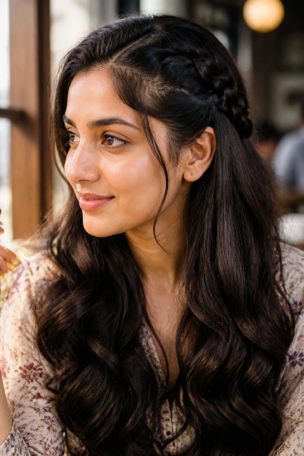 Real woman with half braid and open waves in natural cafe light