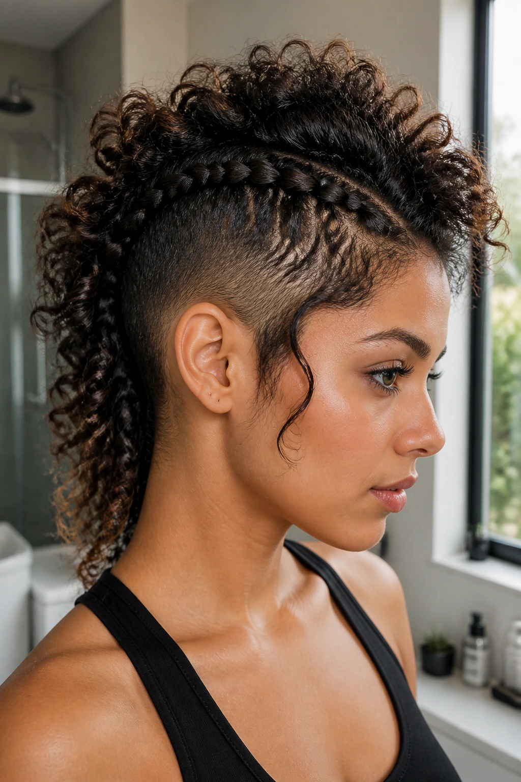Close-up of real person with crown braid along the hawk ridge and loose curls