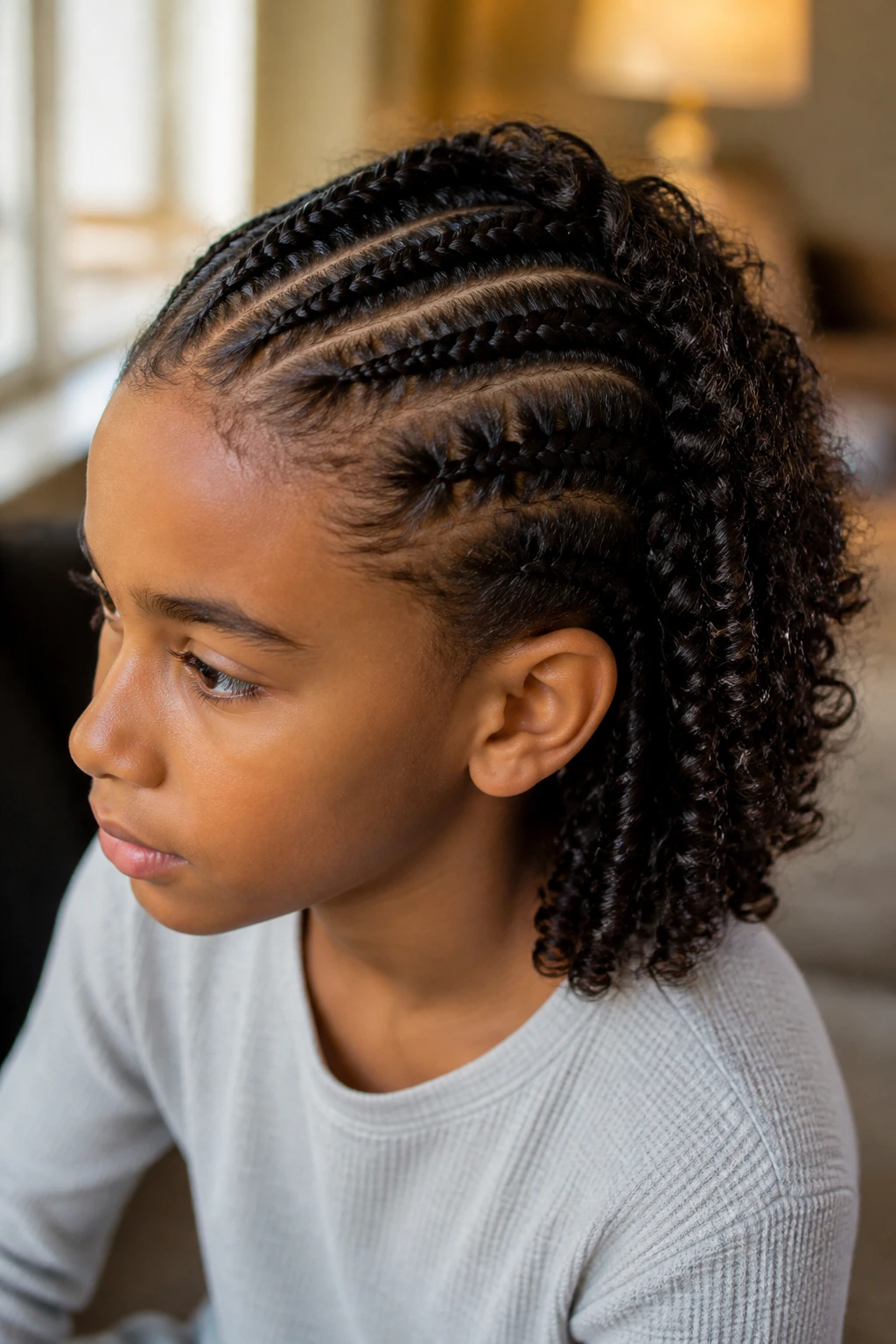 Close-up of a real boy with front braids and back curls