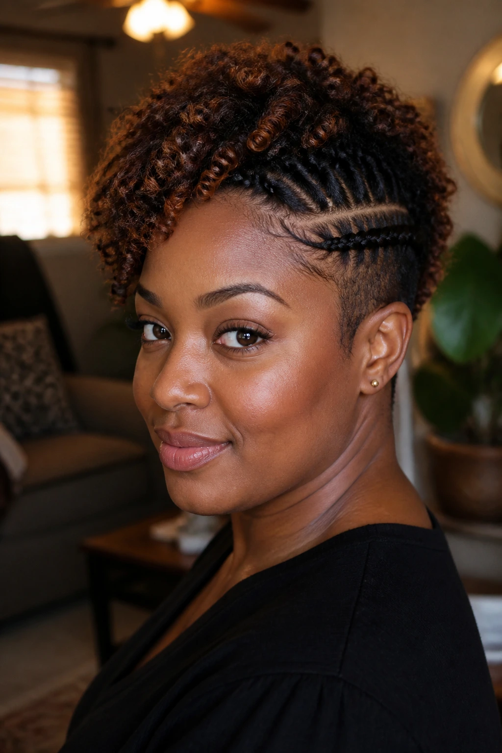 Close-up portrait of a real Black woman with a half-braided front and half-curly hair