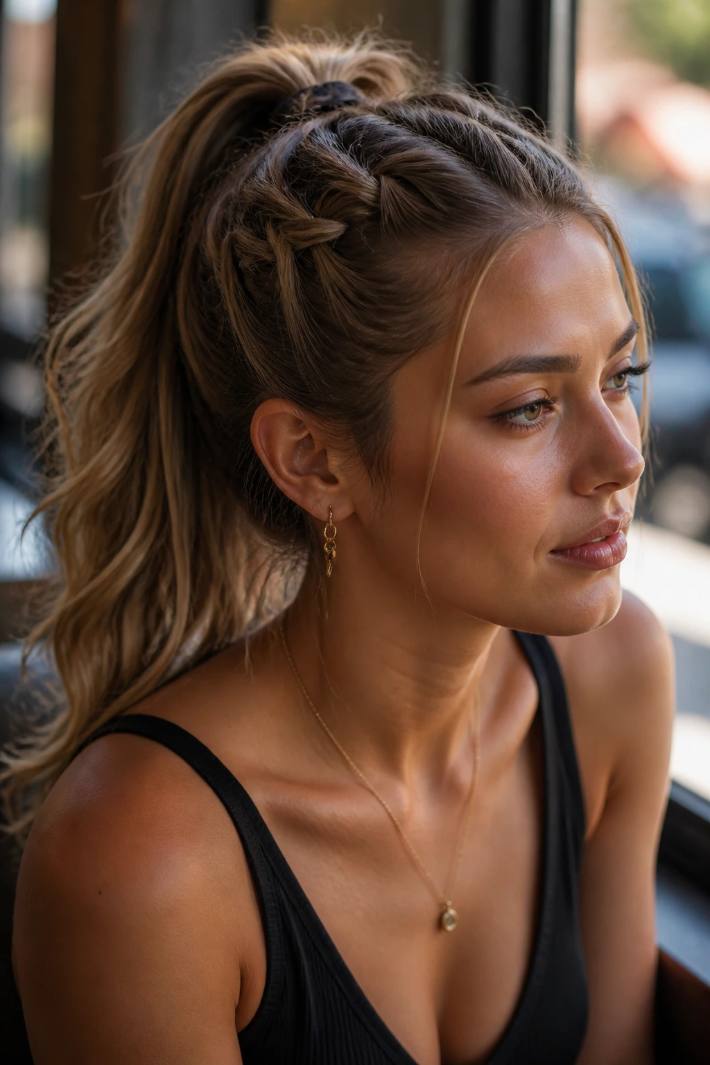 Close-up of a real woman with a half-braided ponytail