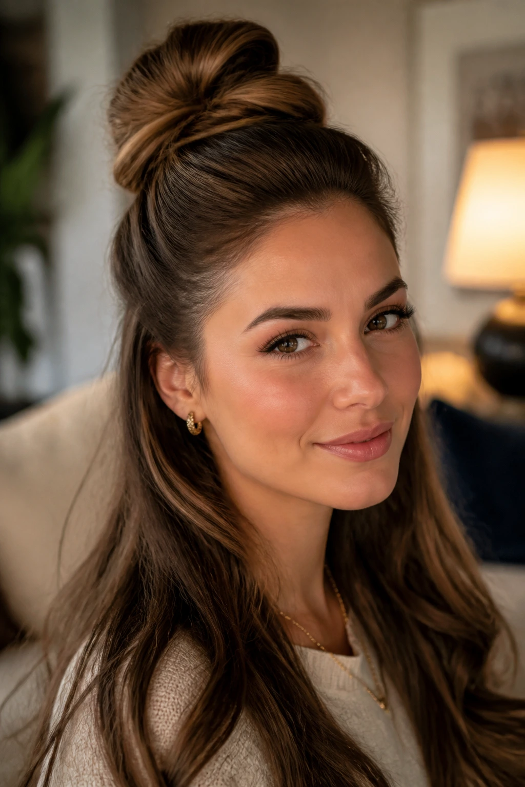 Close-up of a real woman with a top half-bun and lifted crown