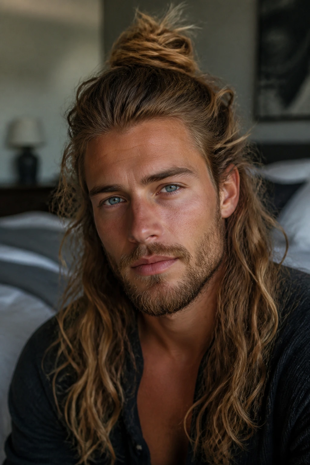 Close-up of a real person with a messy half-bun and loose waves
