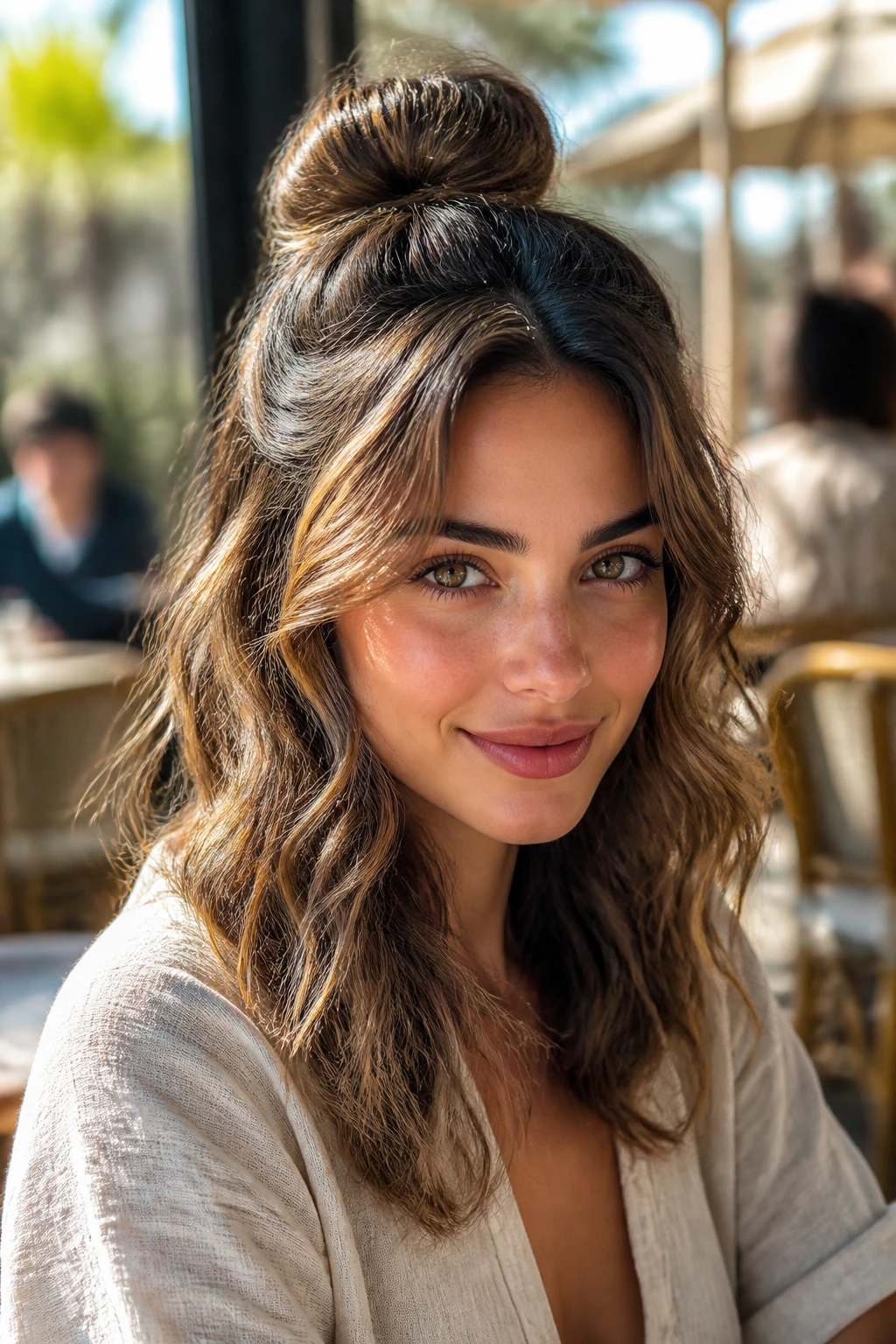 Close-up of a real woman with a half-bun wave halo