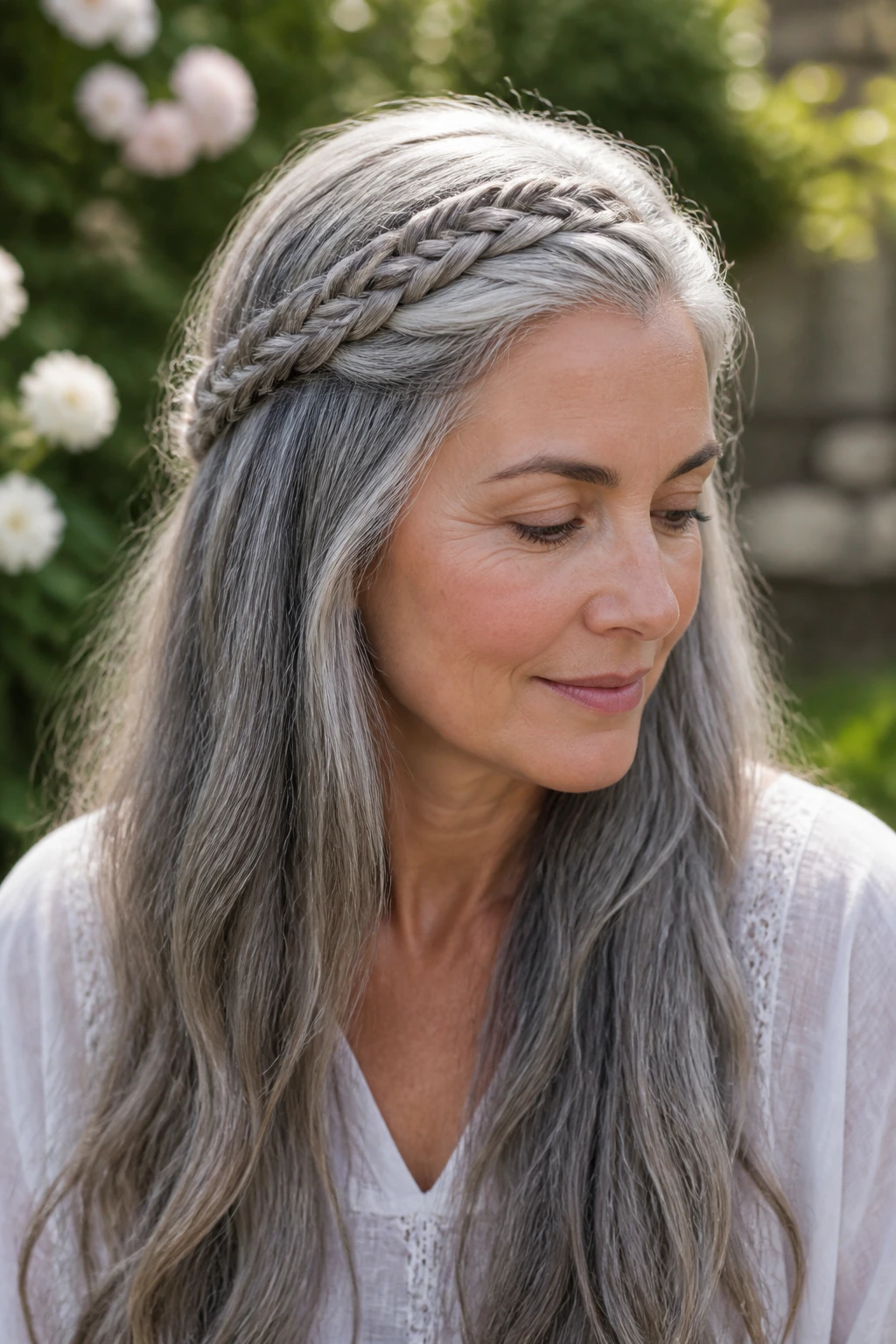 Close-up of a woman with a braided half-crown and flowing gray locks.