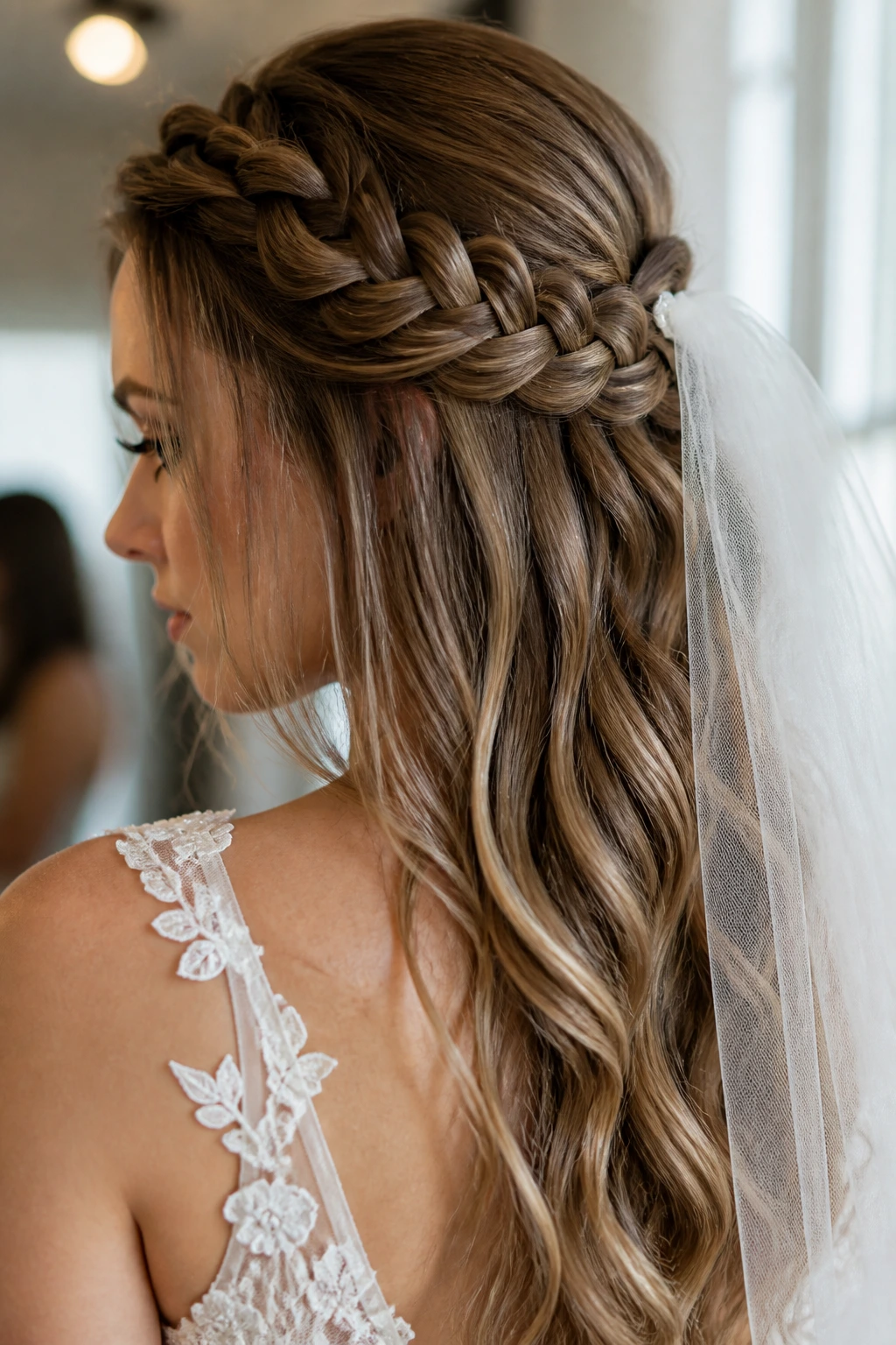 Close-up of a braided half-crown with veil on a real bride