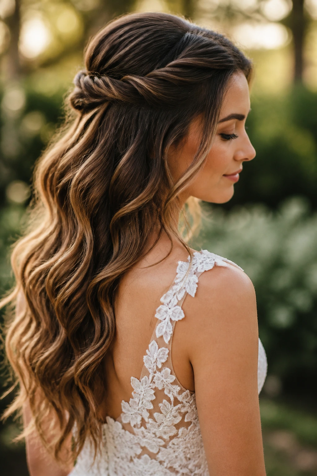 Bride with twisted half crown and long waves in a garden setting