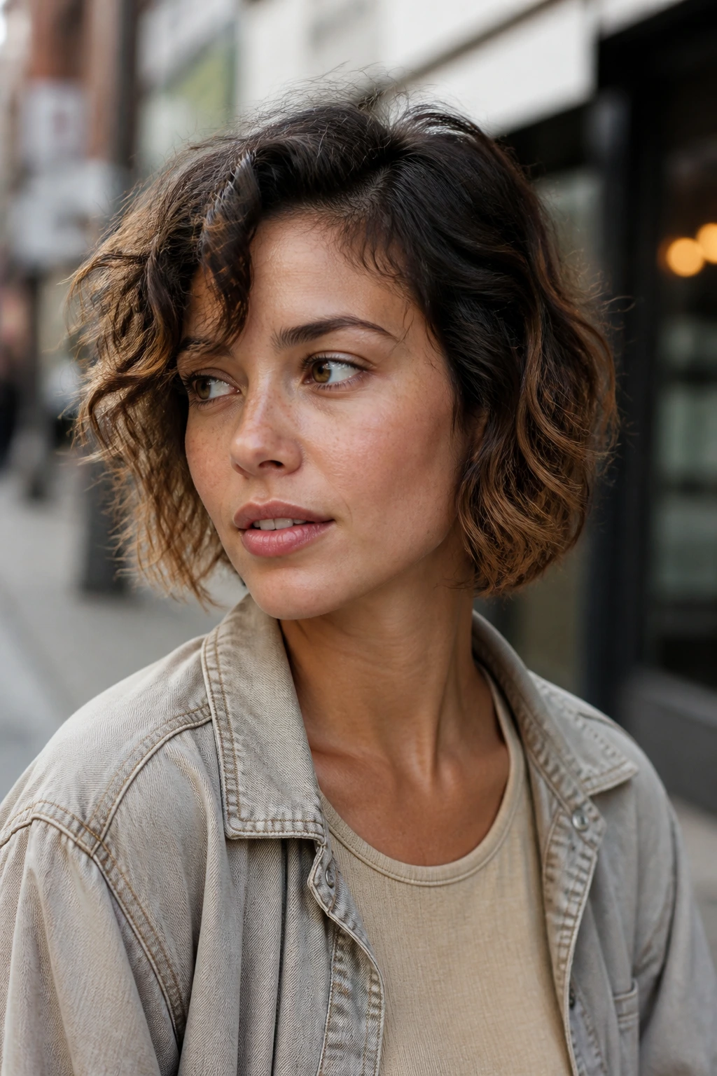 Close-up of half-curled, half-natural waves on a real person outdoors