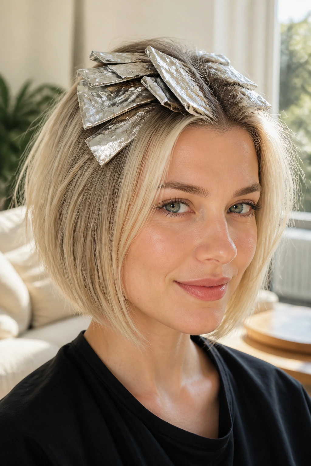 Close-up of a real woman with airy half-foil frame on a light blonde bob