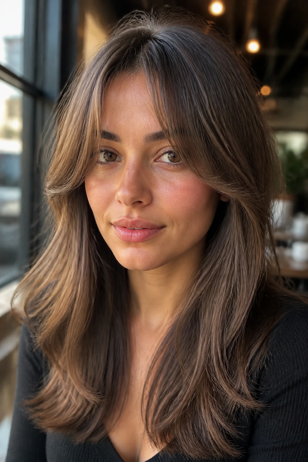 Real person with half-moon curtain bangs by a softly lit cafe window