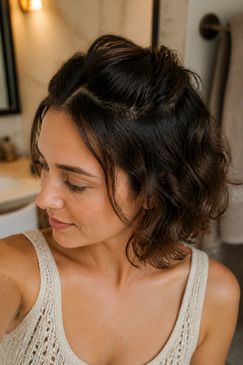 Real person with half-pinned crown hairstyle in soft bathroom lighting