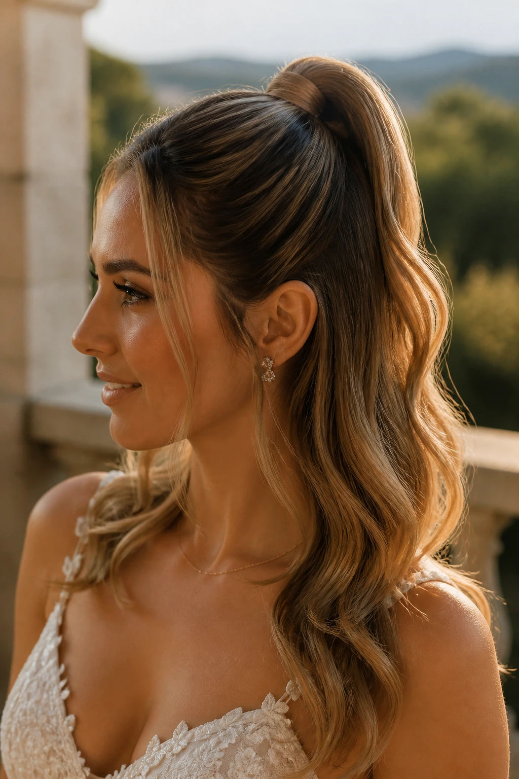 Medium close-up of a real bride with a half ponytail, wrapped base, loose waves.