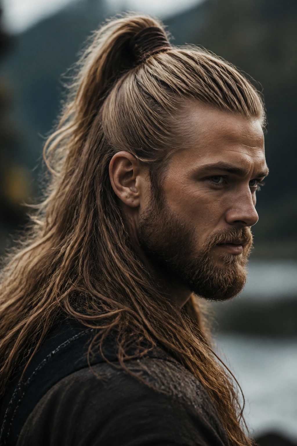 Man with high half-ponytail wrapped at base outdoors