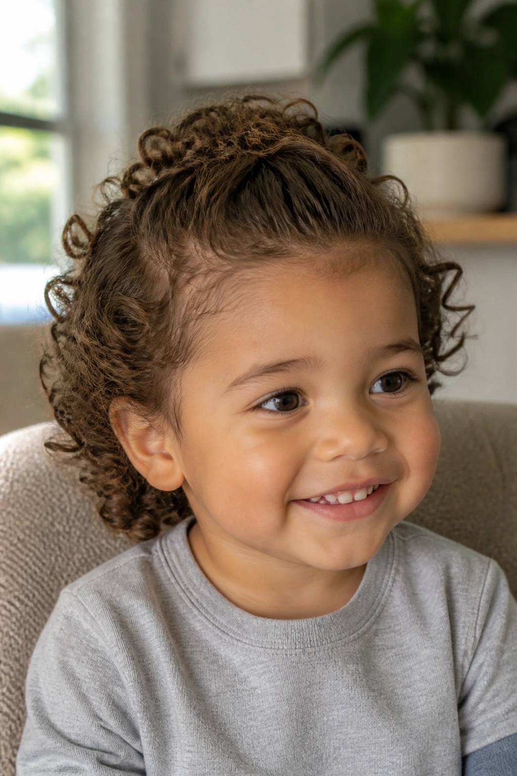 Close-up of toddler boy with half-pulled back curls