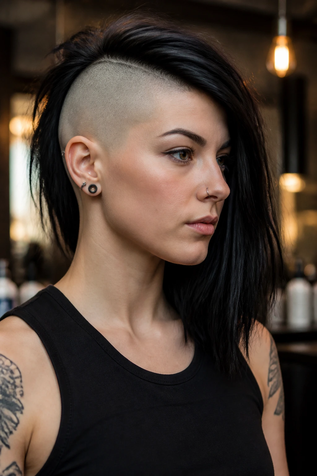 Close-up portrait of a real person with a half-shaved shoulder cut in a warm salon setting