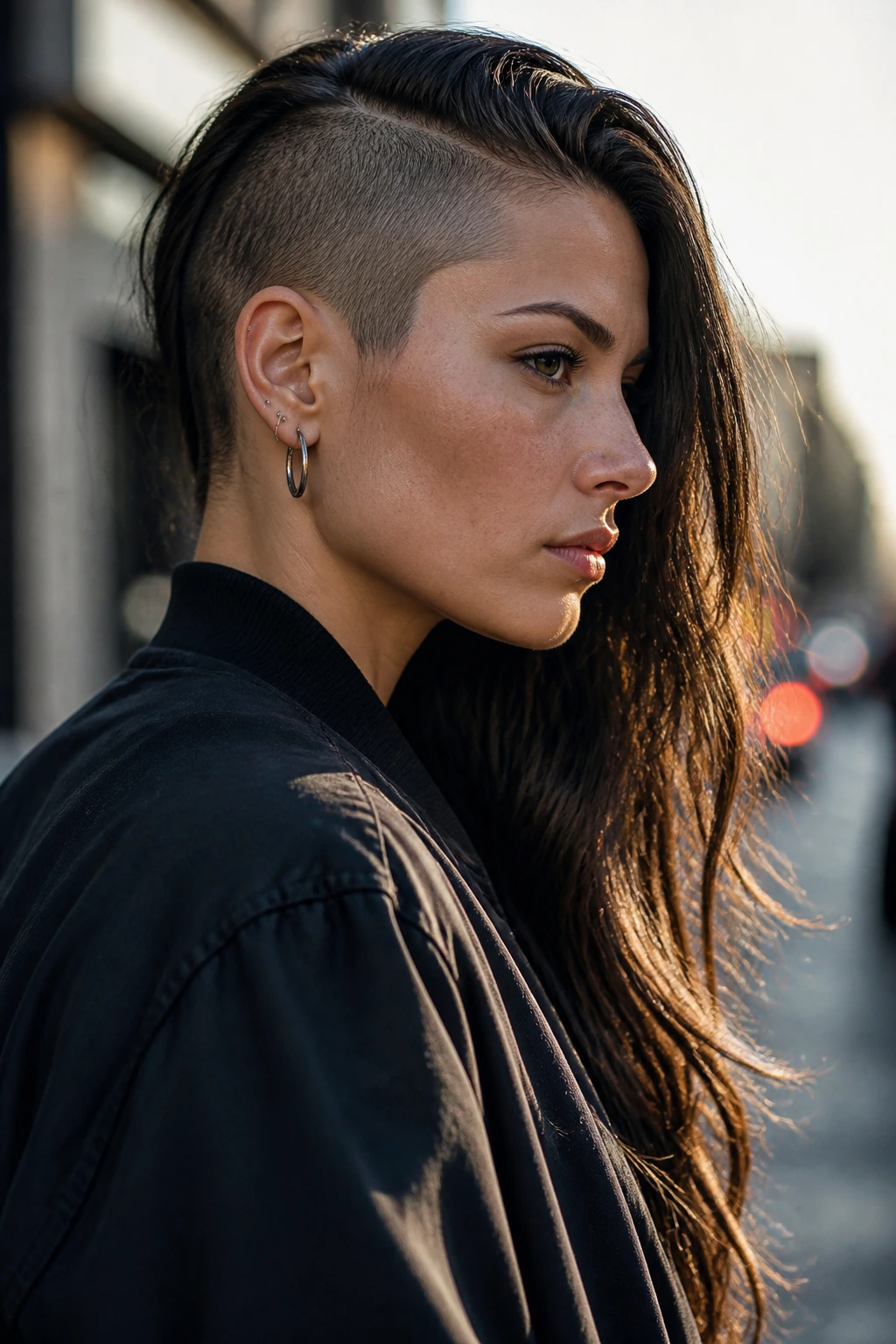 Profile portrait of a real person with half-side shaved undercut