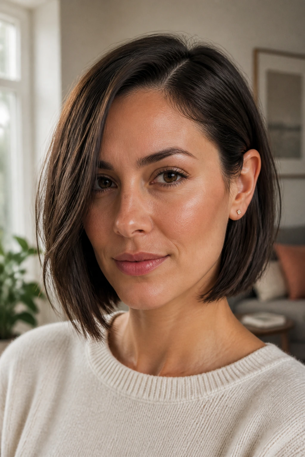 Close-up portrait of a real woman with a minimal half-tuck behind the ear in a living room setting.