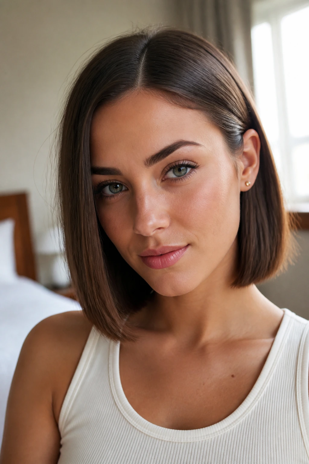 Close-up of a real woman with half-tucked lob hairstyle, one side behind the ear