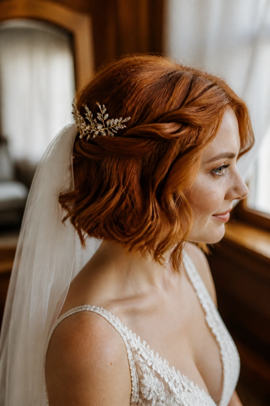 Close-up of a real bride with half-twist bob and veil comb