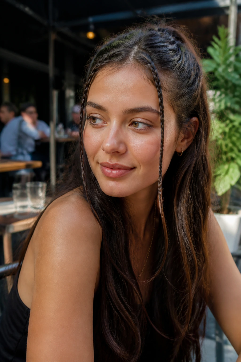 Close-up of a real woman with front accent braids in half-up style