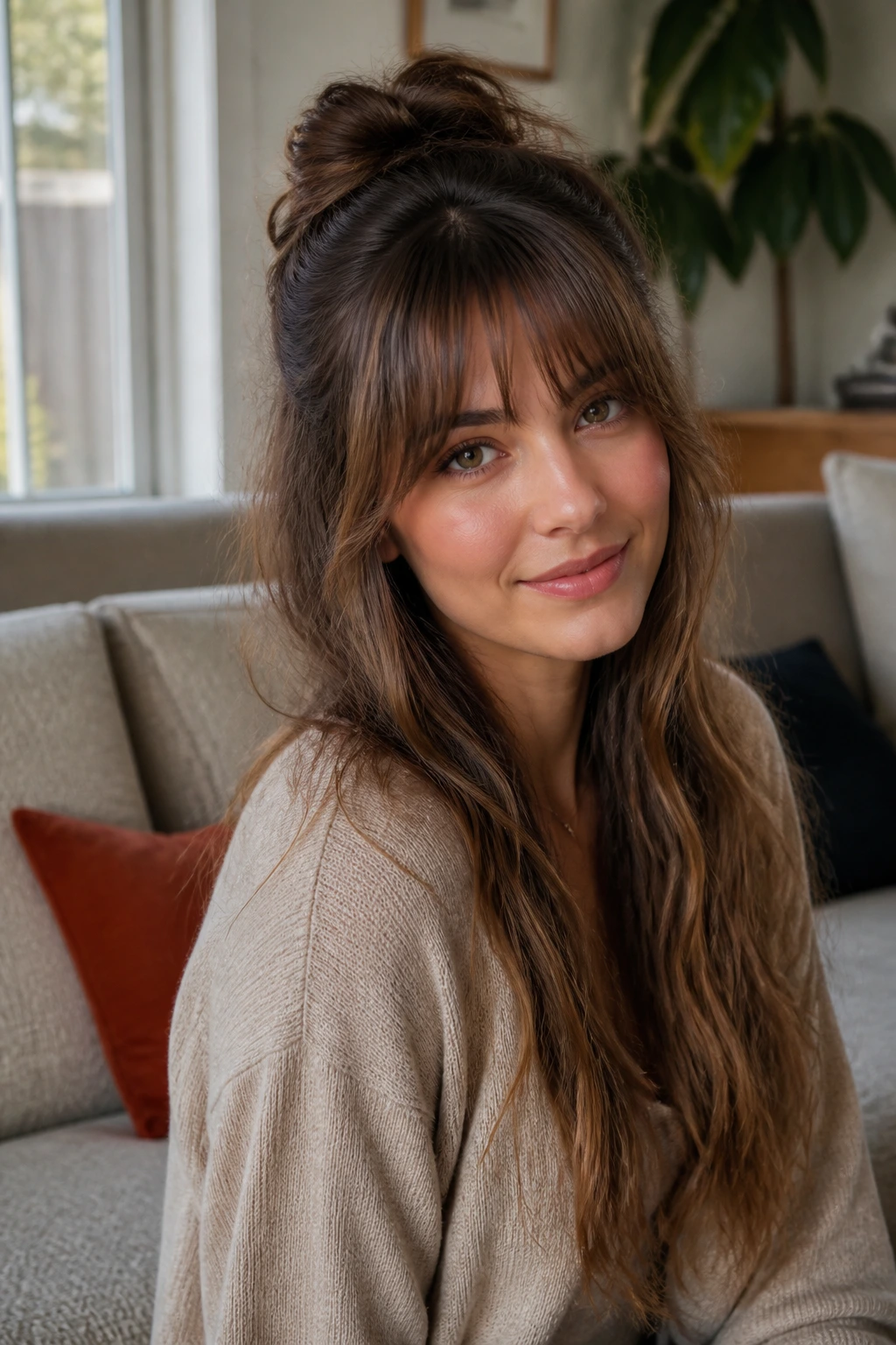 Real person with half-up bangs in a cozy setting